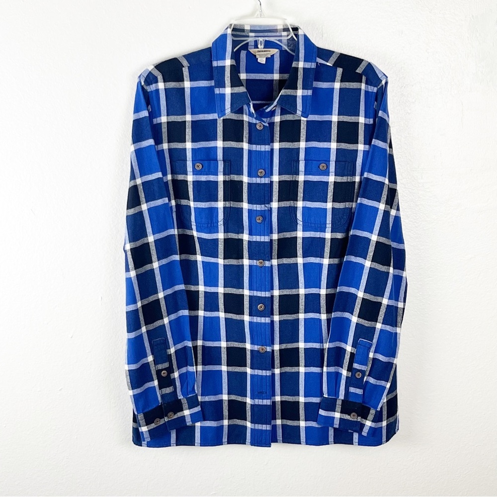DULUTH TRADING 100% Cotton Blue Plaid Double Chest Pocket Long Sleeves Top Large